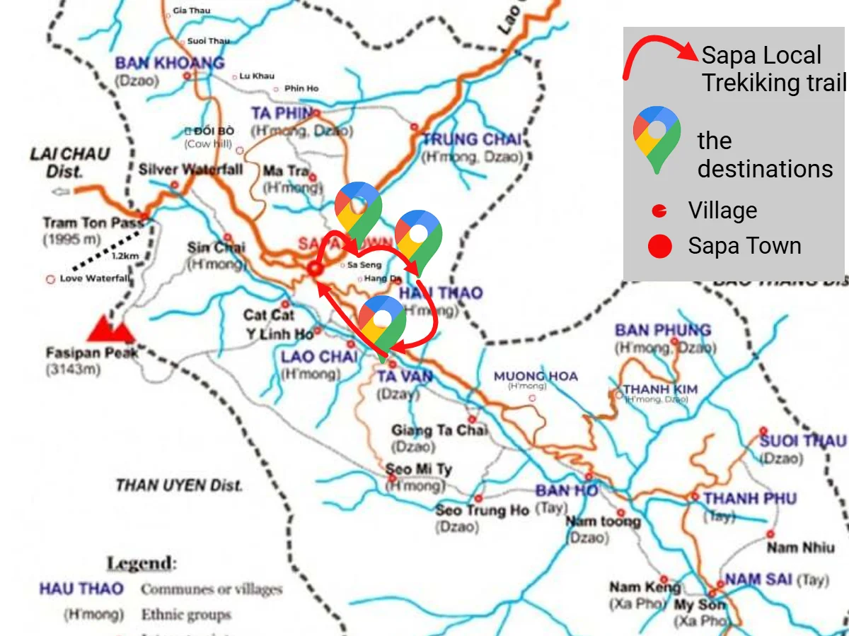 Sapa Local Treks Mountain view and villages Map