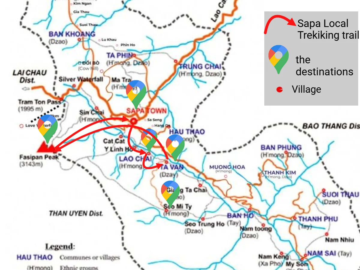 Sapa local tour village & Fansipan map